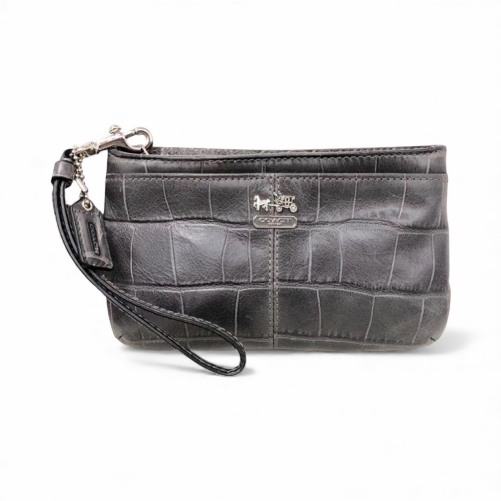 Coach Gray Madison Croc Embossed Leather Zippered Wristlet Wallet EUC